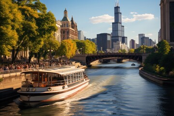 Obraz premium Golden Horizon of Chicago by the river., generative IA