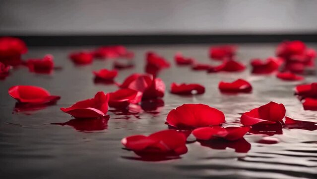 Vibrant red rose petals softly drifting across a gorgeous black canvas. A wonderful choice for Valentine's Day.
