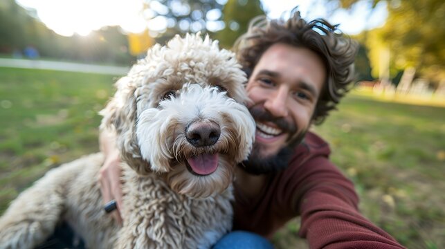 A handsome man taking a selfie with a sheepadoodle dog, happy and smiling at the park, blurred background, high resolution photography, high details, high quality. 