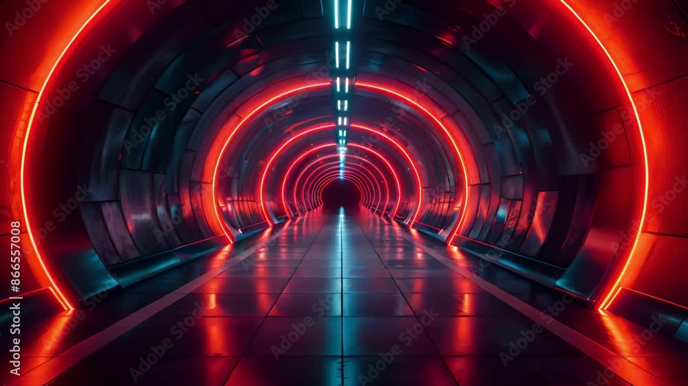 Aufkleber a futuristic tunnel lit with vibrant red and blue neon lights. the tunnel is made of metal and the f