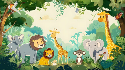 African kids animals in a rainforest, hand-drawn modern illustration. Funny cut elephants, lions, giraffes, zebras, monkeys on a background of trees in a park.