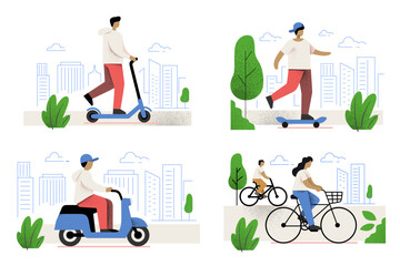 Man rides scooter, skateboard and kick scooter, Woman rides bicycle in city. Flat minimal