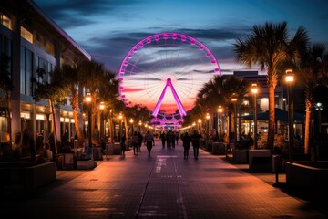 At Icon Park, Orlando Magic night with giant wheel and outdoor entertainment., generative IA