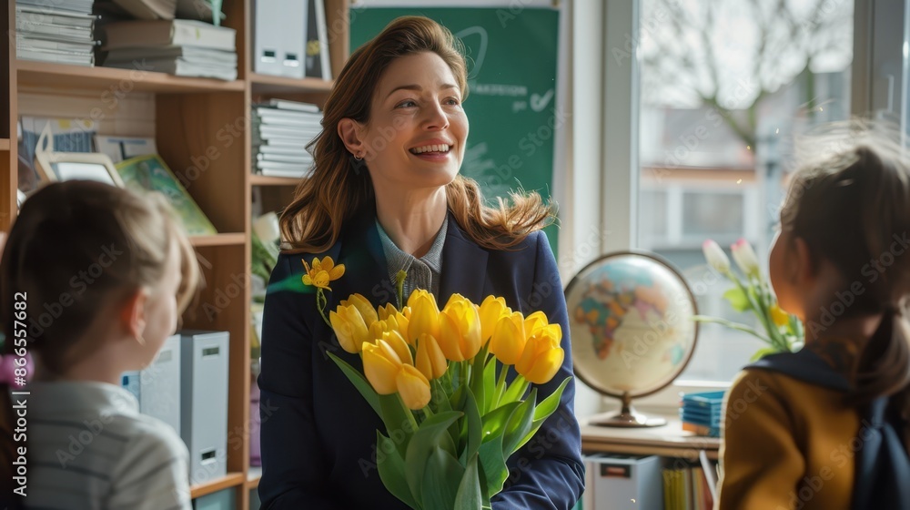 Sticker The teacher with yellow tulips