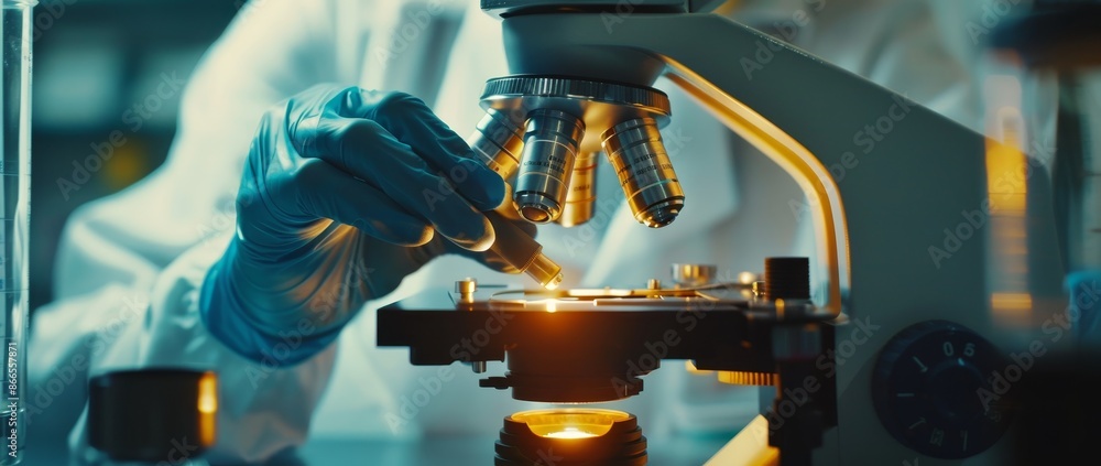 Aufkleber in the lab, a scientist prepares a sample for testing using a microscope in a close-up with a blurre