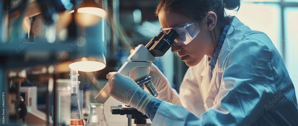 Aufkleber close up image of microscope with blurred background of scientist preparing sample for laboratory te