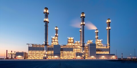 Obraz premium Dusk falls on an oil gas power plant casting a glow on structures. Concept Industry, Energy, Sunset, Environmental impact, Power plant