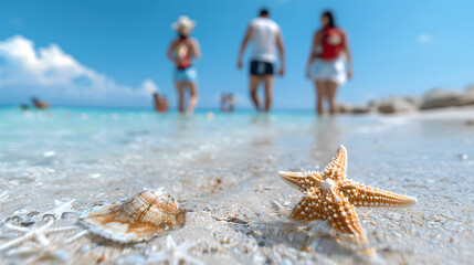 Seashell and starfish on tropical beach with people