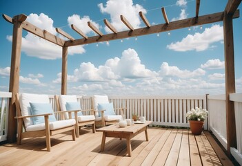 Rustic wooden terrace with a white picket fence, decorated with wood and white fabric patio furniture, under a clear blue sky with fluffy white clouds.