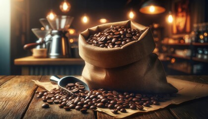 bag of roasted coffee beans spilling onto a wooden table. The bag is made of brown kraft paper