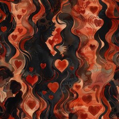 watercolor Tango dancers in silhouette against a backdrop of swirling hearts in passionate shades of red and black, dramatic and expressive, minimal pattern, high contrasty 