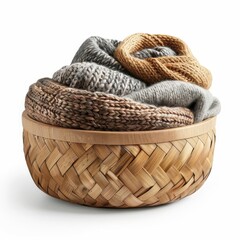 Obraz premium A beautiful handwoven bamboo basket filled with soft and cozy organic cotton sweaters. The perfect addition to any home.
