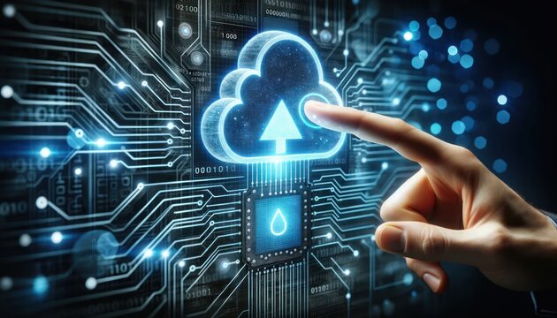 cloud computing and data management. A person's hand is reaching out and touching a holographic projection