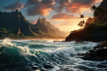 Napali coast, Kauai cliffs, beaches, sunset., generative IA