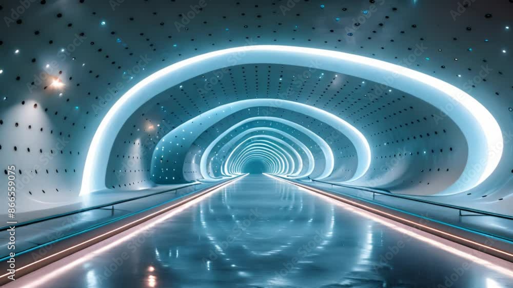 Aufkleber a wide shot of a futuristic tunnel with blue lighting and a dotted ceiling. the tunnel is empty and 