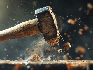 A detailed closeup of a hammer hitting a nail