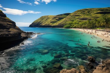 Fototapeta premium Hanauma Bay Dive paradise with reefs and marine life., generative IA
