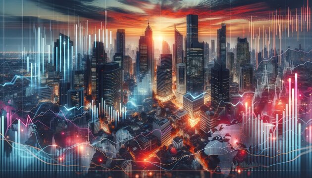 modern city skyline with overlaying financial charts, representing the bustling activity of urban life
