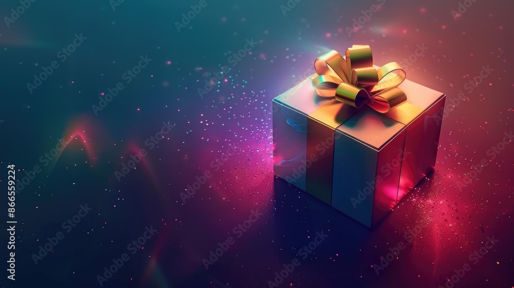 Poster a box with a bow on top of it is on a dark background