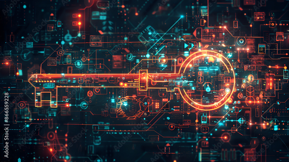 Poster digital representation of a key, surrounded by various technological symbols and icons. these symbol