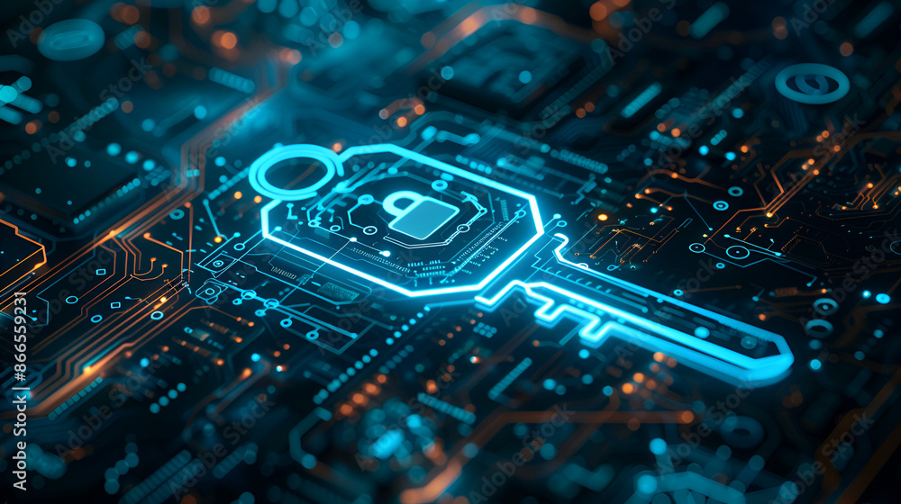 Poster digital representation of a key, surrounded by various technological symbols and icons. these symbol