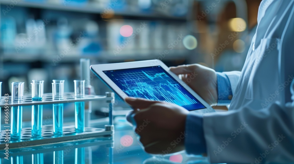 Aufkleber an e-reader and tablet computer are being used in a high-tech laboratory. studies on genetics and ph