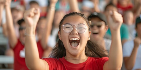 Fototapeta premium students cheering from the bleachers, waving team flags, [spectator enthusiasm], [school support]