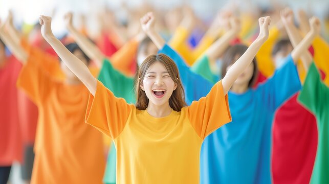 Japanese students in colorful team uniforms cheering energetically, school gymnasium backdrop, [school spirit], [Japanese sports day]