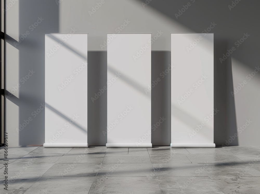 Poster display of three blank roll-up banners using a template mockup and 3d rendering