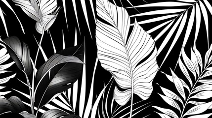 Abstract black and white art background with tropical palm leaves in line style. Botanical banner with exotic plants for decoration, print, wallpaper, textile, interior design, poster. Generative Ai