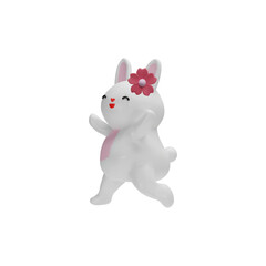 3d vector illustration of a happy walking rabbit with a flower decoration on its ears