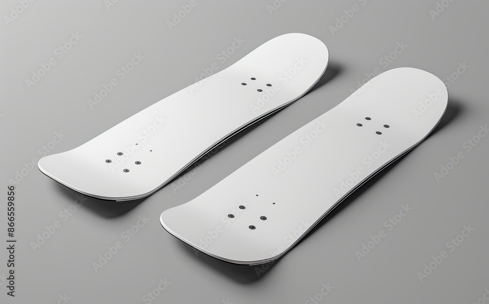 Poster This is a realistic 3D rendering of two white snowboards on a gray background, providing you with a perfect mockup for your design. A realistic mock up template for printing that shows two snowboards