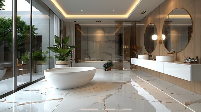 Elegant high-end bathroom with a white bathtub, marble flooring, and natural light from skylights. The minimalist design highlights modern luxury and clean lines, creating a tranquil