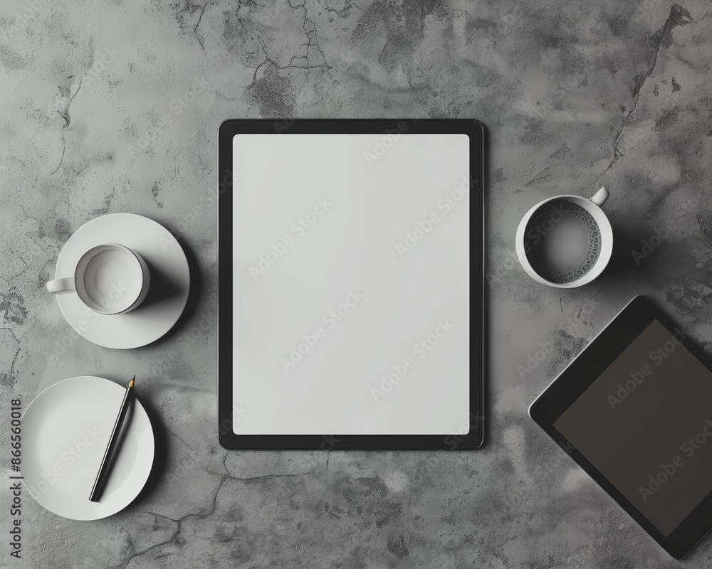 Poster this is a mockup scene for a tablet display on a minimal background. the tablet screen is empty. it 