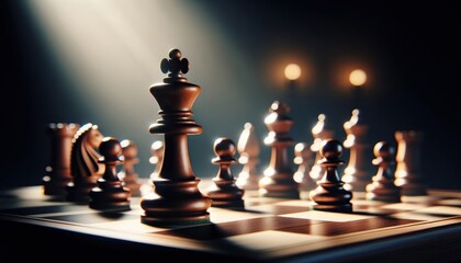 chess game in progress, with focus on the king piece standing prominently on the board