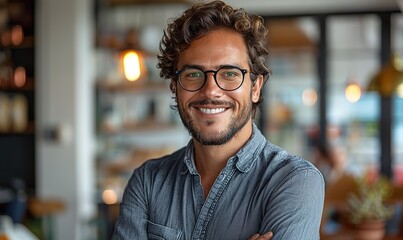 Fototapeta premium Young handsome smiling businessman in gray shirt and glasses, arms crossed, confident, on white background.