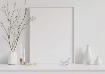Mockup of square poster frame on white wall with willow branches and wooden birds. 3D rendering and illustration.
