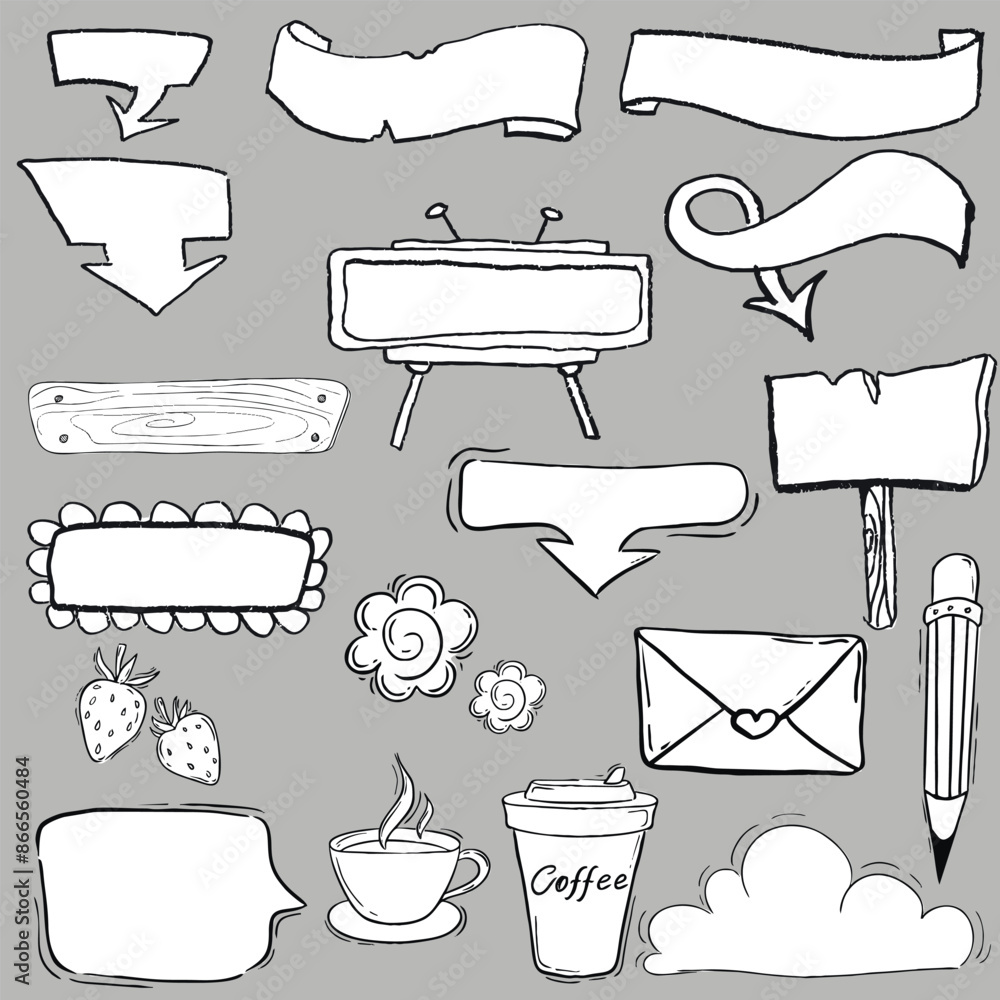 Poster a set of doodle frames and elements for text design. vector illustration