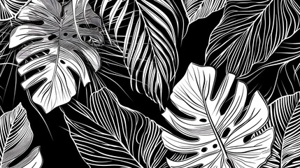 Abstract black and white art background with tropical palm leaves in line style. Botanical banner with exotic plants for decoration, print, wallpaper, textile, interior design, poster. Generative Ai