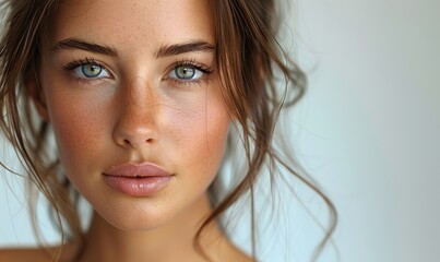 Obraz premium The photo presents a serene and content young woman with radiant, youthful skin, conveying beauty and peace.