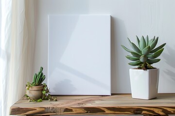 Frame mockup with blank canvas and cactus plant on wooden shelf. Suitable for artwork, photos, paintings, minimalist interiors.