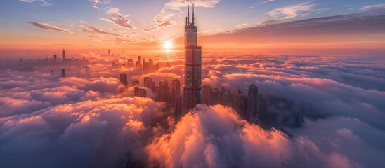 skyline background, building emerging from clouds at pink sunset