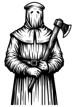 recommend clip art:  Grim Reaper executioner with Axe sketch engraving generative ai fictional character PNG illustration. Scratch board imitation. Black and white image.