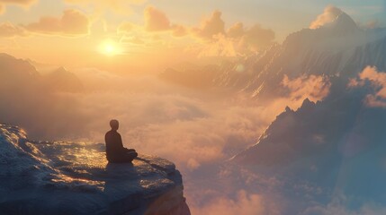A peaceful scene of a person sitting cross-legged on a mountain top at sunrise, fully immersed in the present moment with a calm expression