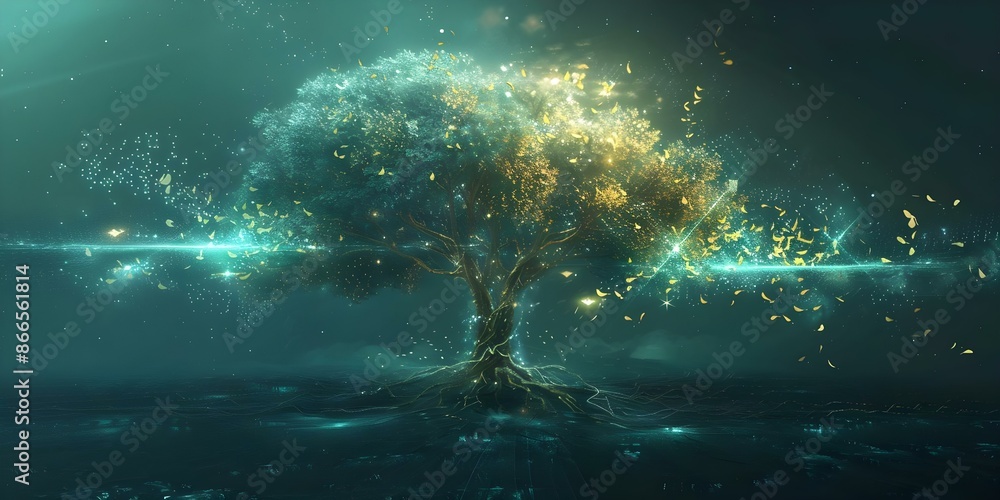 Aufkleber ethereal tree representing a secure network with fluttering data leaves in ultra hd. concept secure 