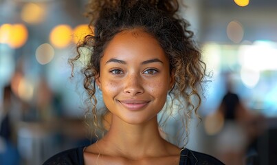 Fototapeta premium Confident young woman smiles professionally in portrait.