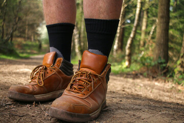 hiking boots with hiking socks, in forest