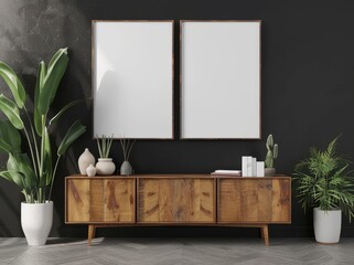 An empty dark wall background with a mockup frame on a wood cabinet in a living room.