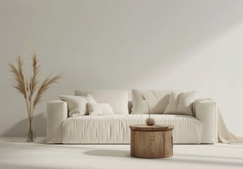 Interior wall mockup shown with sofa and white pillows in an empty living room. Illustration in 3D.