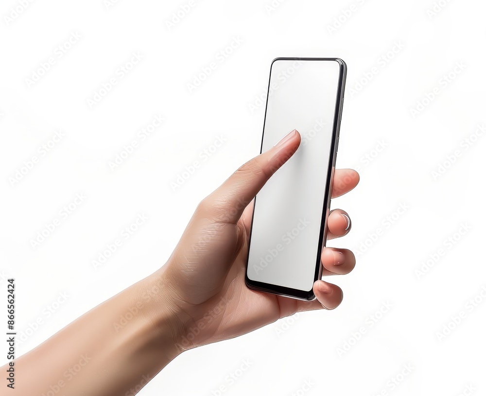 Poster a white smartphone screen mockup in hand with finger tapping and pointing isolated on a white backgr